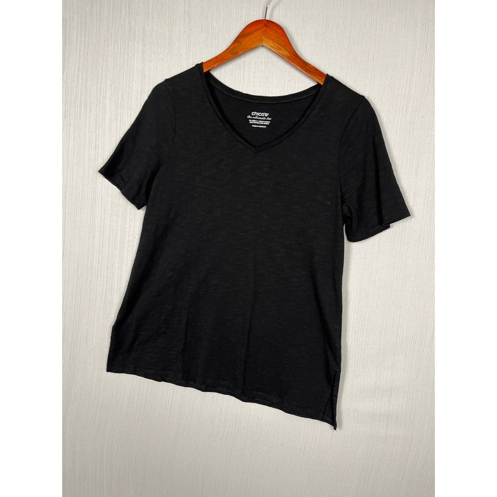 Chico's Ultimate Tee Womens S Black V-Neck T-Shirt Slub‎ Knit Casual Basics
